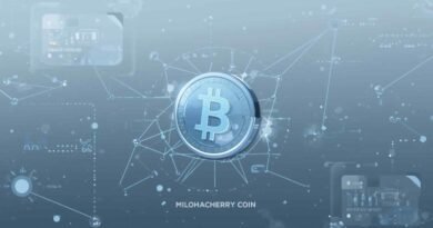 Milohacherry Coin displayed on a realistic digital coin within a transparent blockchain network