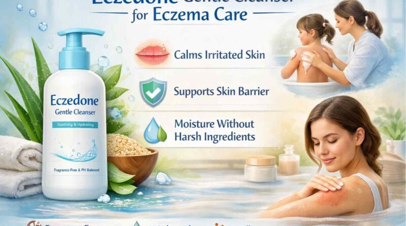 Eczedone gentle cleanser bottle with aloe, oatmeal and calming skincare visuals showing eczema relief, barrier support and fragrance-free sensitive skin care.