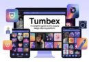 Stylized computer and mobile screens showing Tumbex image feeds with artwork, memes, and privacy icons representing creative freedom.