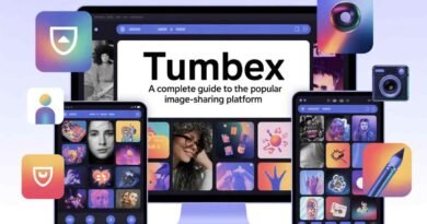 Stylized computer and mobile screens showing Tumbex image feeds with artwork, memes, and privacy icons representing creative freedom.
